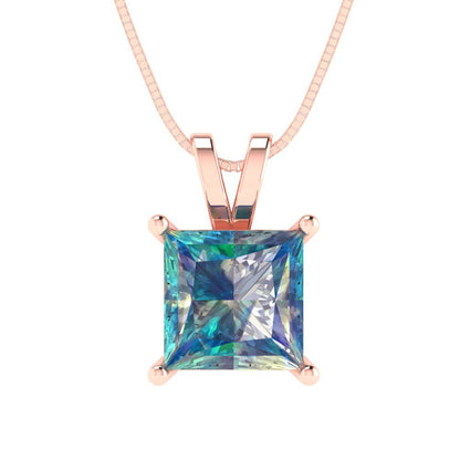 2 tcw Necklace Pendant - 14K Yellow Gold Princess Cut Solitaire  Blue Moissanite - Adjustable Length - 15in Box Chain to 18in