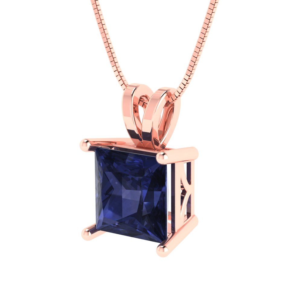 2cttw Princess Cut Blue Sapphire Gold-Plated 925 Silver Pendant and 16" Box-Chain Necklace