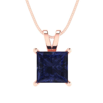 2cttw Princess Cut Blue Sapphire Gold-Plated 925 Silver Pendant and 16" Box-Chain Necklace