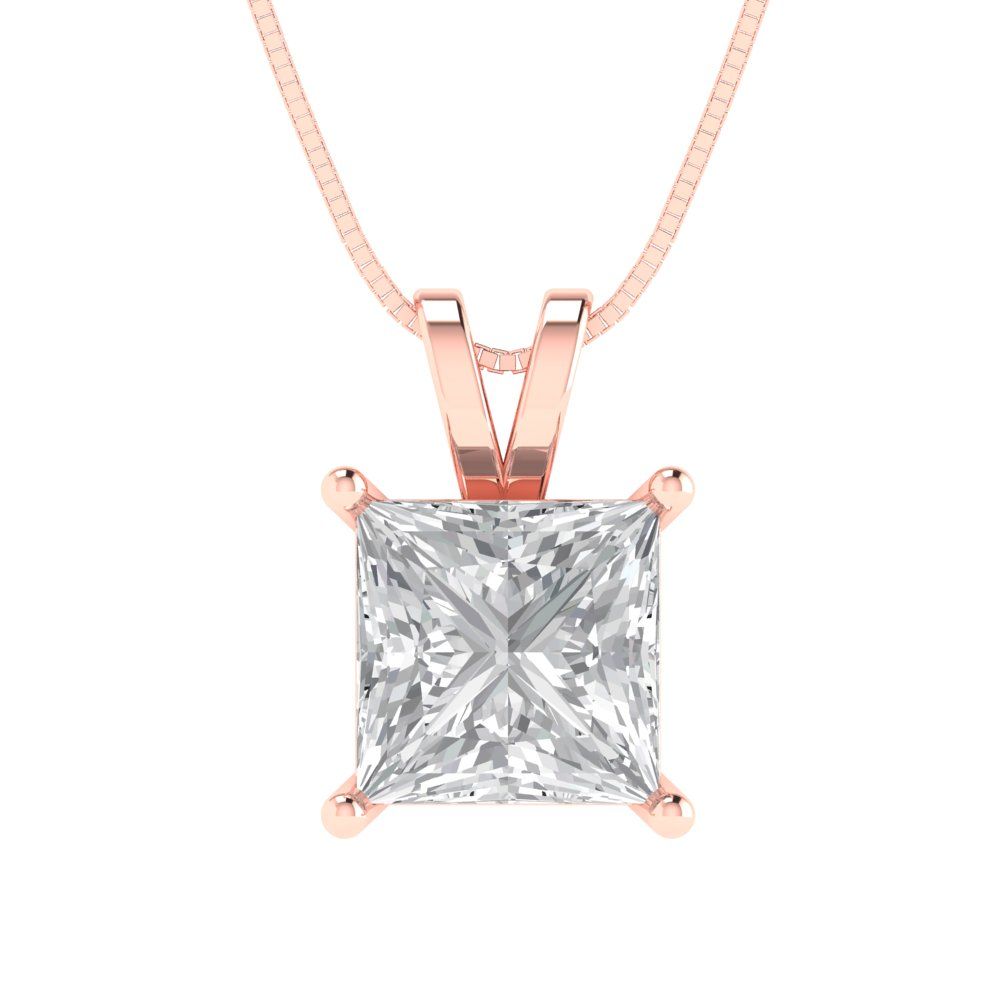 2 tcw Necklace Pendant - 14K Yellow Gold Princess Cut Solitaire  Zirconia Diamond - Adjustable Length - 15in Box Chain to 18in