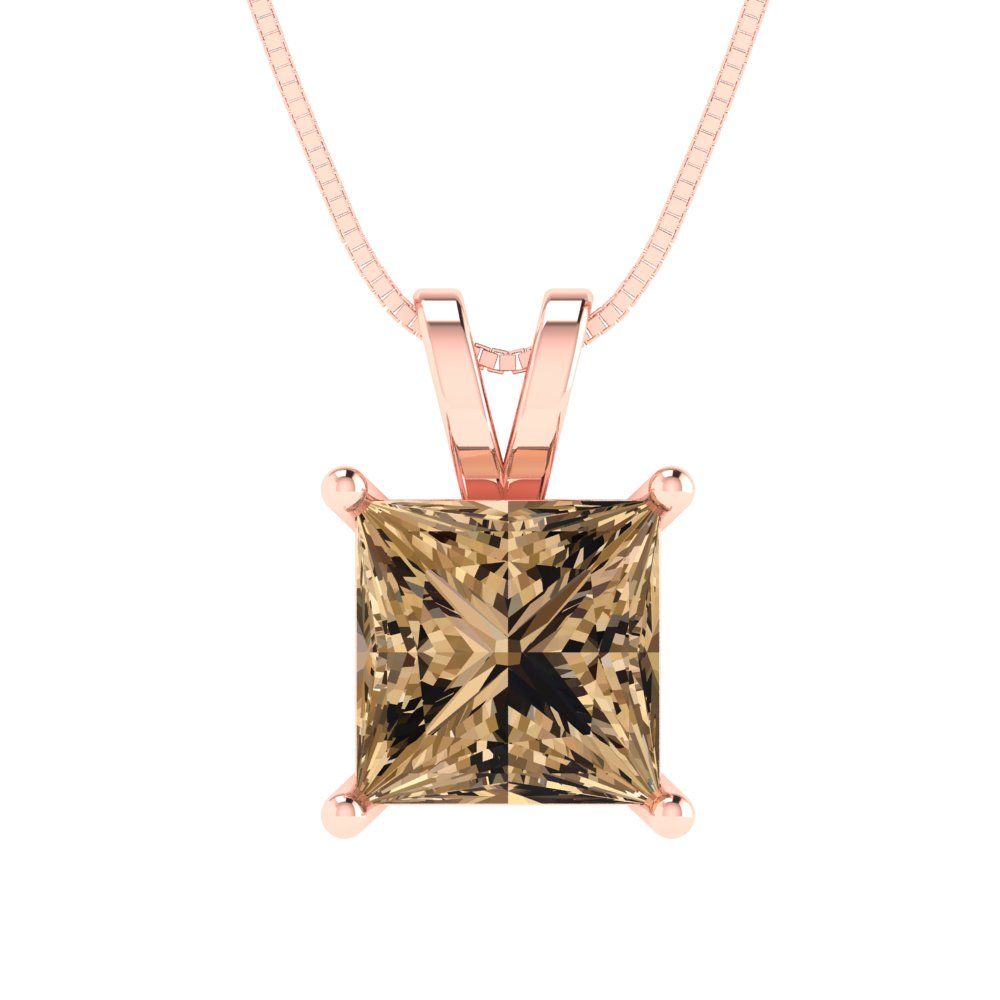 2cttw Princess Cut Champagne Gold-Plated 925 Silver Pendant and 16" Box-Chain Necklace