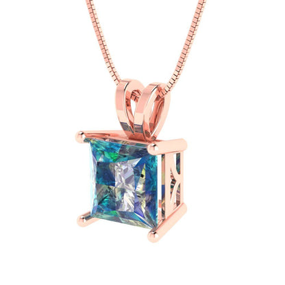 2cttw Princess Cut Blue Moissanite Gold-Plated 925 Silver Pendant and 18" Box-Chain Necklace