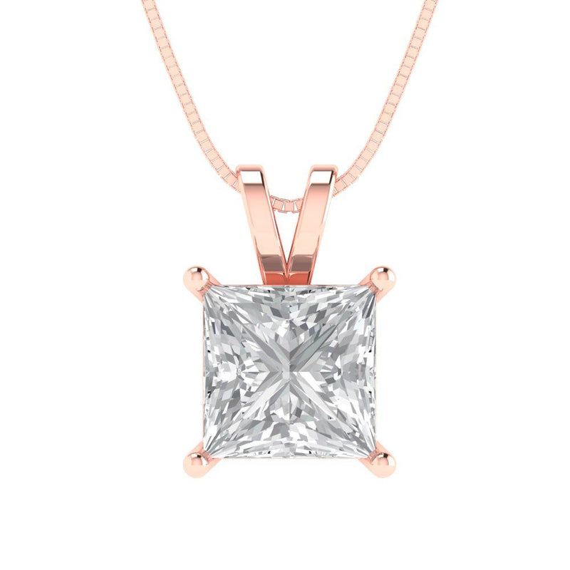 2.0 ct Brilliant Princess Cut Solitaire Natural Diamond Stone Clarity SI1-2 Color G-H Rose Gold Pendant with 18" Chain