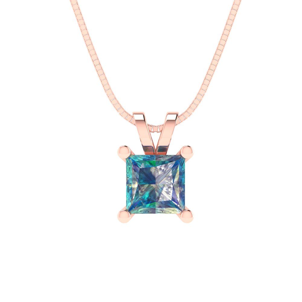 2.5 tcw Necklace Pendant - 14K White Gold Princess Cut Solitaire  Blue Moissanite - Adjustable Length - 15in Box Chain to 18in