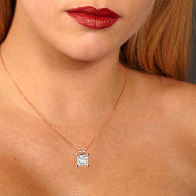 2.5 ct Brilliant Princess Cut Solitaire Clear Simulated Diamond Stone Rose Gold Pendant with 18" Chain