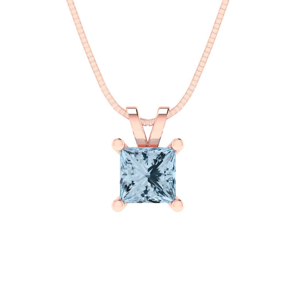 3 tcw Necklace Pendant - 14K White Gold Princess Cut Solitaire  Swiss Blue Topaz - Adjustable Length - 15in Box Chain to 18in