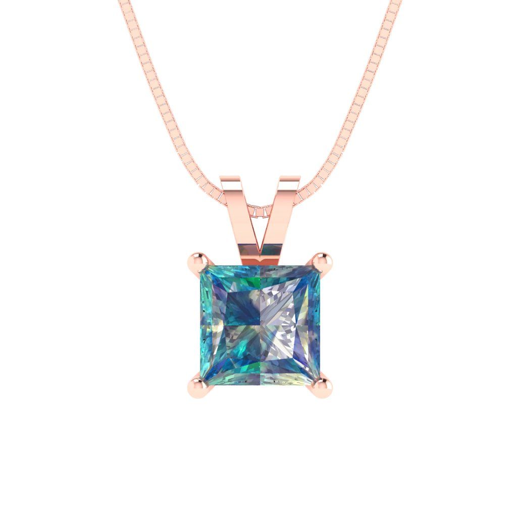 3cttw Princess Cut Blue Moissanite Gold-Plated 925 Silver Pendant and 18" Box-Chain Necklace