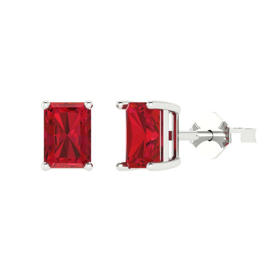 2 ctw Ruby Studs Earrings | 7x5mm Emerald Cut White Gold Push back | July Birthstone