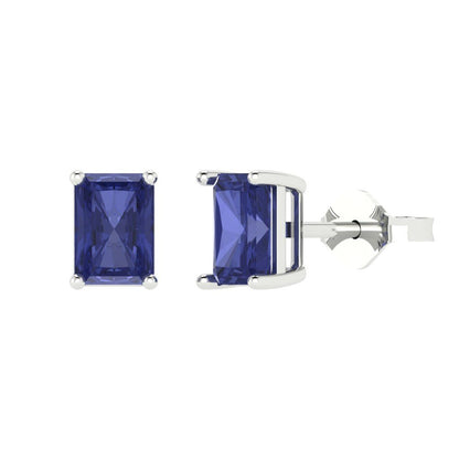 2 ctw Tanzanite Studs Earrings | 7x5mm Emerald Cut White Gold Push back | December Birthstone