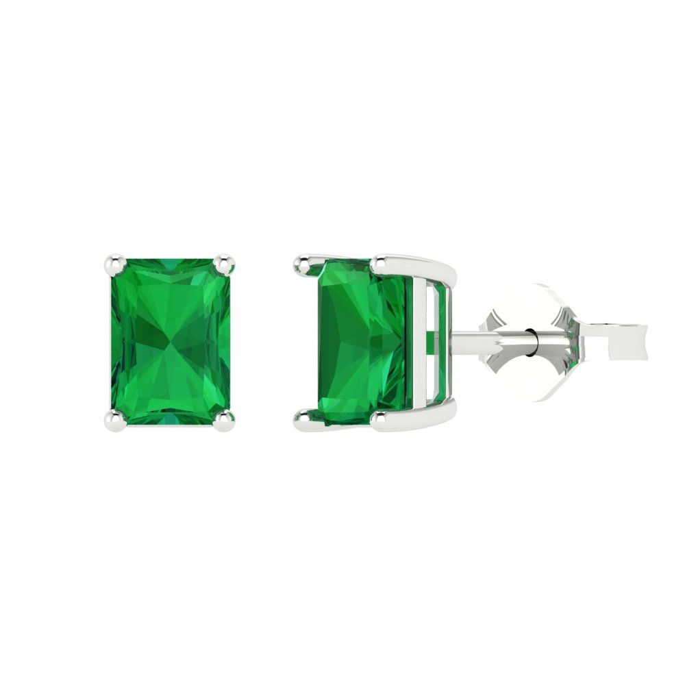 2 ctw Emerald Studs Earrings | 7x5mm Emerald Cut White Gold Push back | May Birthstone