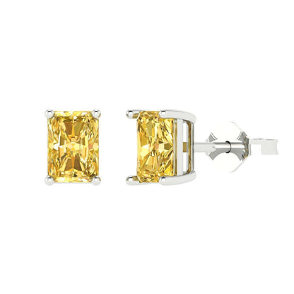 2 ctw Yellow Zirconia Studs Earrings | 7x5mm Emerald Cut White Gold Push back | April Birthstone