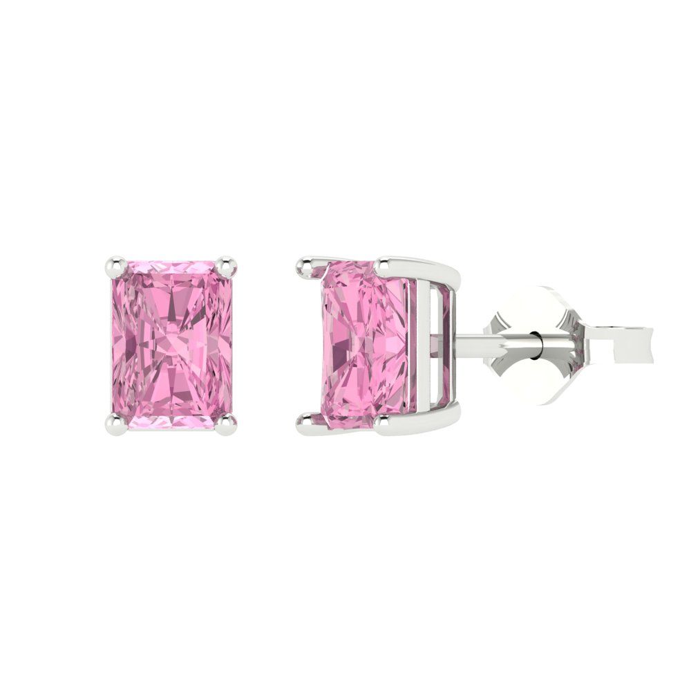2 ctw Pink Zirconia Studs Earrings | 7x5mm Emerald Cut White Gold Push back | April Birthstone