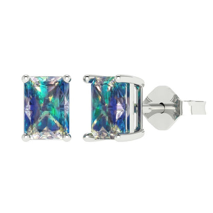 2 ctw Blue Moissanite Studs Earrings | 7x5mm Emerald Cut White Gold Push back | April Birthstone
