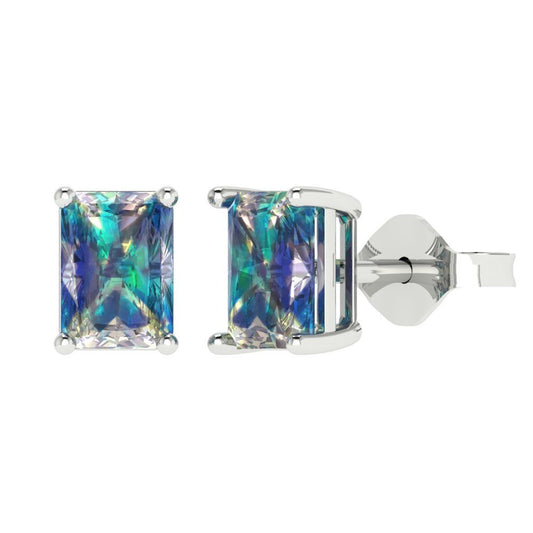 2 ctw Blue Moissanite Studs Earrings | 7x5mm Emerald Cut White Gold Push back | April Birthstone
