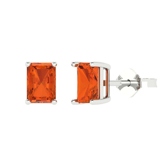 2 ctw Red Zirconia Studs Earrings | 7x5mm Emerald Cut White Gold Push back | April Birthstone