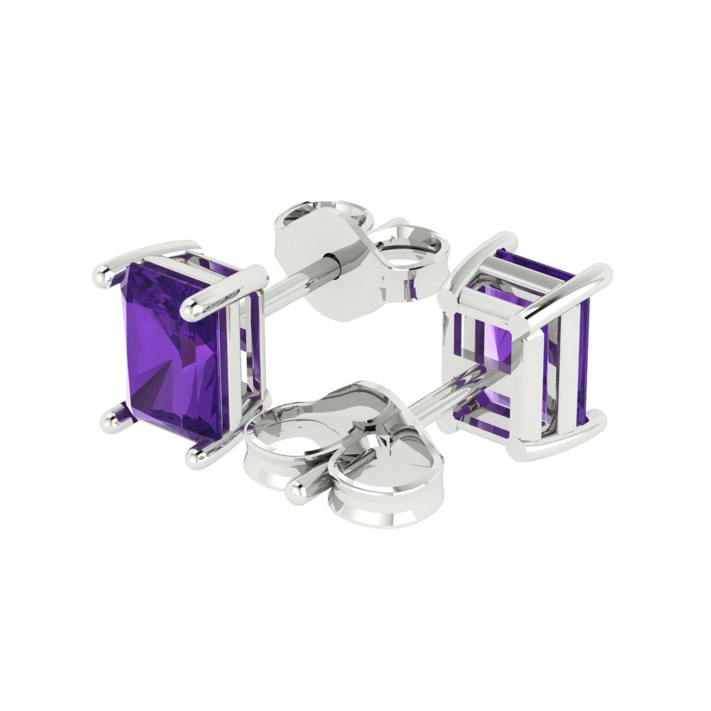 2 ctw Amethyst Studs Earrings | 7x5mm Emerald Cut White Gold Push back | February Birthstone