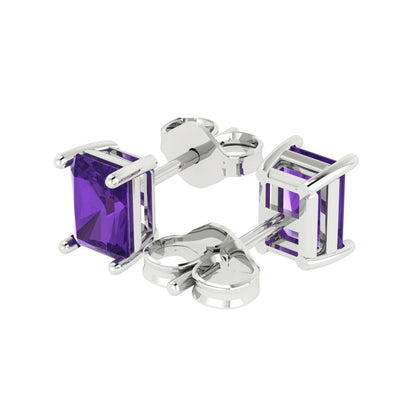 2 ctw Amethyst Studs Earrings | 7x5mm Emerald Cut White Gold Push back | February Birthstone