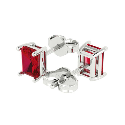 2 ctw Ruby Studs Earrings | 7x5mm Emerald Cut White Gold Push back | July Birthstone