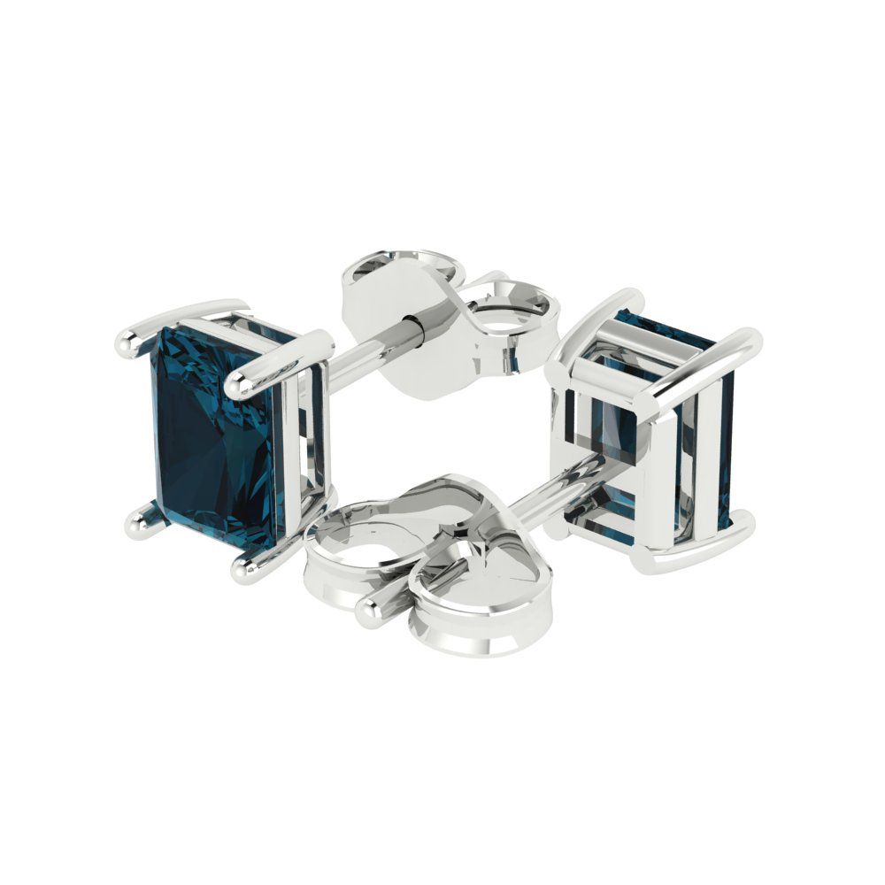 2 ctw London Blue Topaz Studs Earrings | 7x5mm Emerald Cut White Gold Push back | December Birthstone
