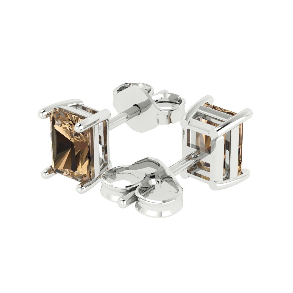 2 ctw Champagne Studs Earrings | 7x5mm Emerald Cut White Gold Push back | April Birthstone