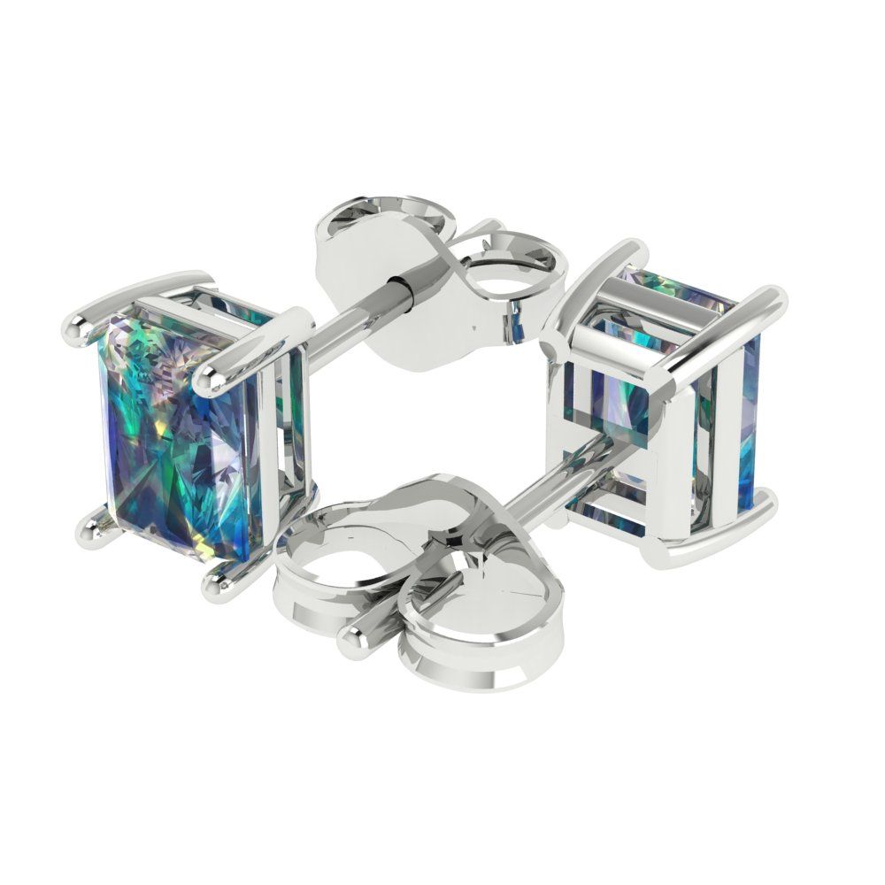 2 ctw Blue Moissanite Studs Earrings | 7x5mm Emerald Cut White Gold Push back | April Birthstone