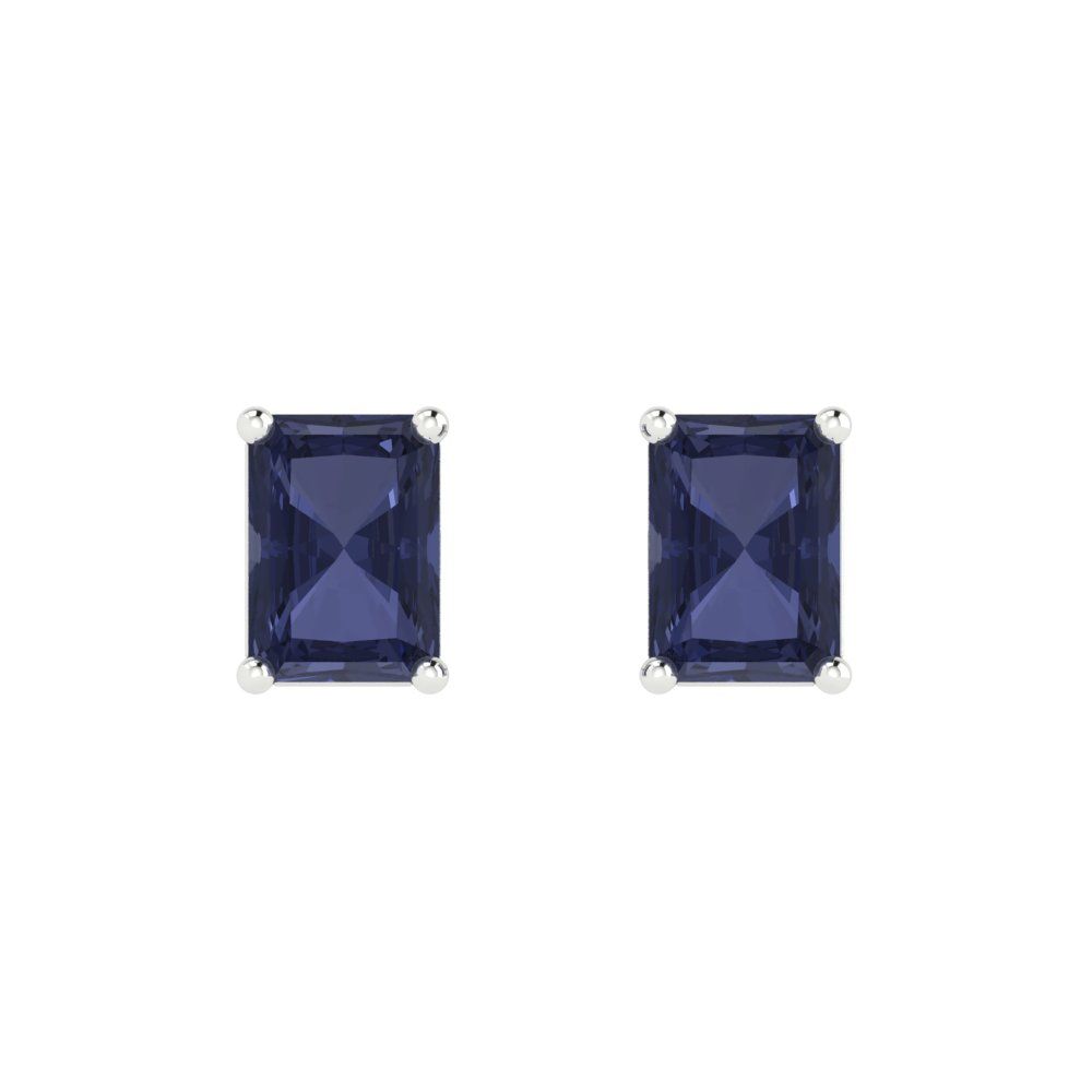 2 ctw Blue Sapphire Studs Earrings | 7x5mm Emerald Cut White Gold Push back | September Birthstone