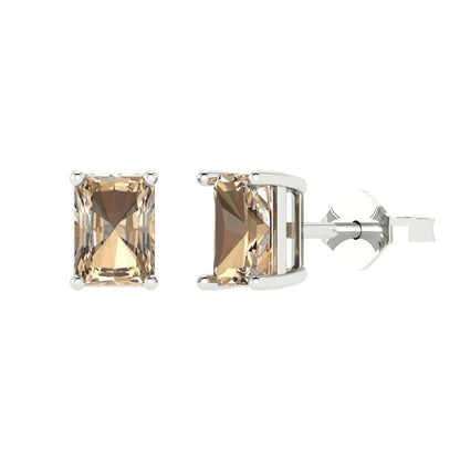 1 ctw Yellow Moissanite Studs Earrings | 6x4mm Emerald Cut White Gold Push back | April Birthstone
