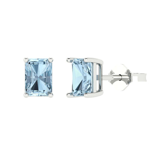 1 ctw Aquamarine Studs Earrings | 6x4mm Emerald Cut White Gold Push back | March Birthstone