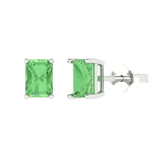 1 ctw Green Zirconia Studs Earrings | 6x4mm Emerald Cut White Gold Push back | April Birthstone