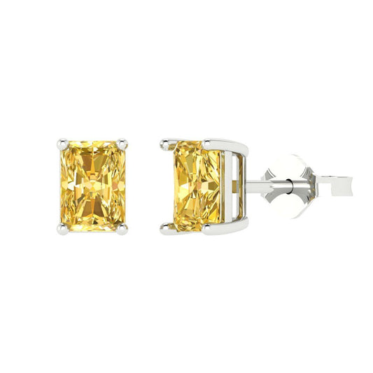 1 ctw Yellow Zirconia Studs Earrings | 6x4mm Emerald Cut White Gold Push back | April Birthstone