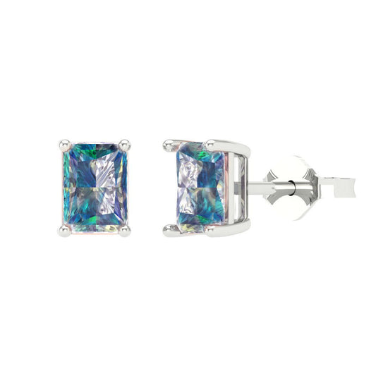 1 ctw Blue Moissanite Studs Earrings | 6x4mm Emerald Cut White Gold Push back | April Birthstone
