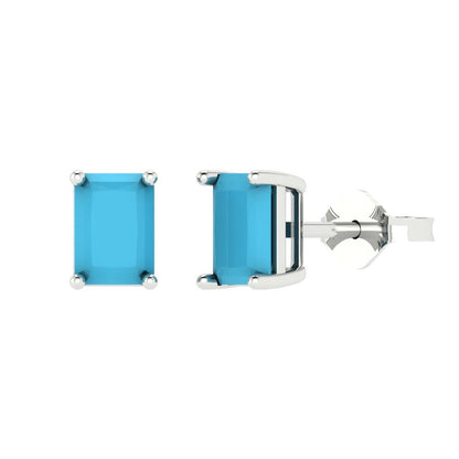 1 ctw Turquoise Studs Earrings | 6x4mm Emerald Cut White Gold Push back | December Birthstone