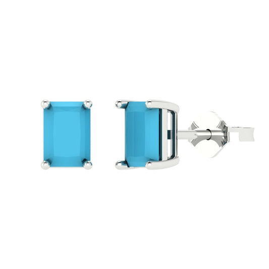 1 ctw Turquoise Studs Earrings | 6x4mm Emerald Cut White Gold Push back | December Birthstone