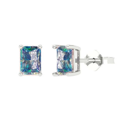 1cttw Emerald Cut Blue Moissanite Gold-Plated 925 Silver Push Back Stud Earrings