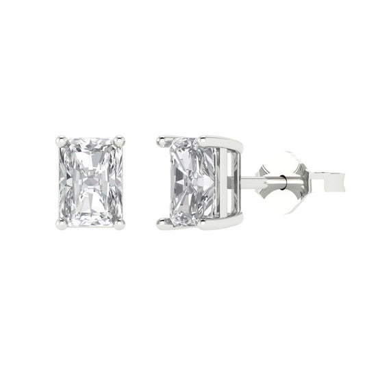 1 ctw White Sapphire Studs Earrings | 6x4mm Emerald Cut White Gold Push back | April Birthstone