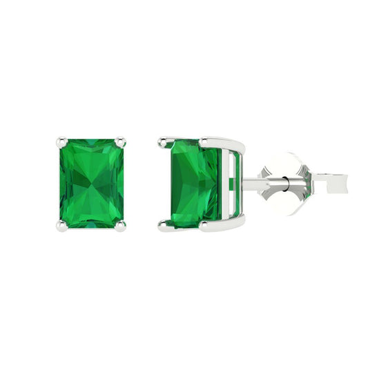 1 ctw Emerald Studs Earrings | 6x4mm Emerald Cut White Gold Push back | May Birthstone