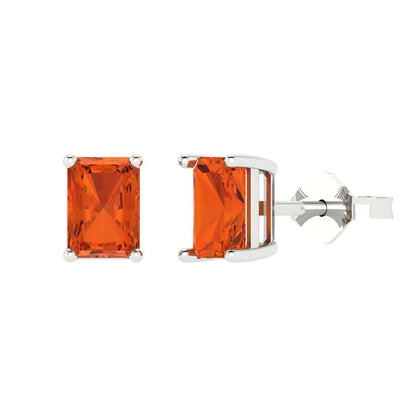 1 ctw Red Zirconia Studs Earrings | 6x4mm Emerald Cut White Gold Push back | April Birthstone