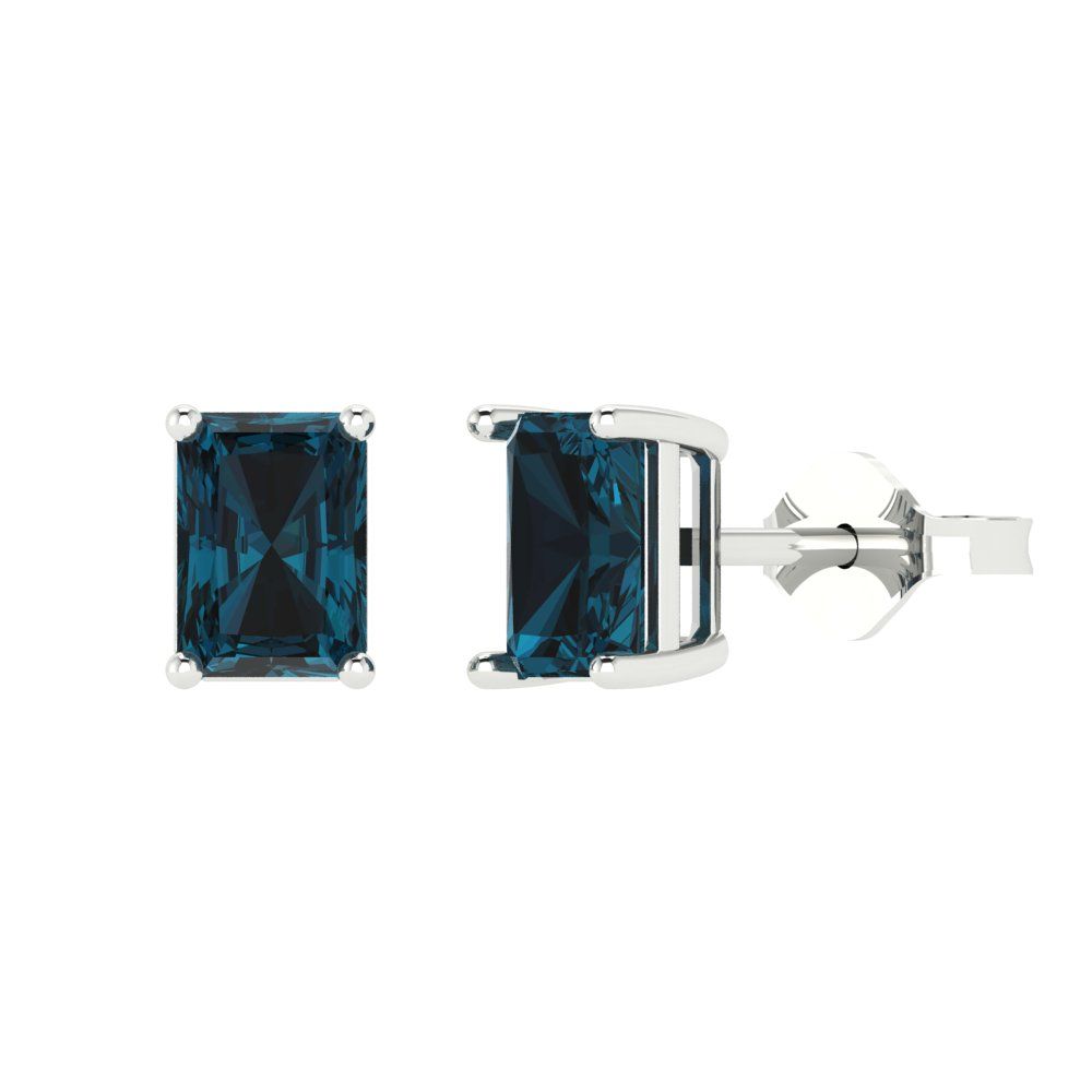 1 ctw London Blue Topaz Studs Earrings | 6x4mm Emerald Cut White Gold Push back | December Birthstone