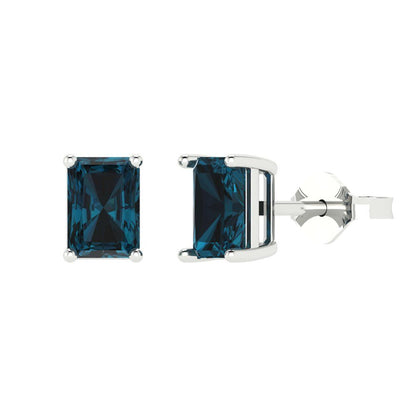 1 ctw London Blue Topaz Studs Earrings | 6x4mm Emerald Cut White Gold Push back | December Birthstone
