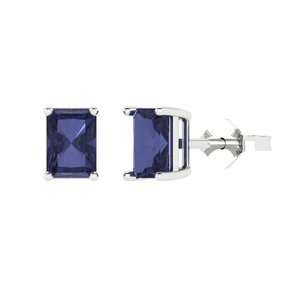 1 ctw Blue Sapphire Studs Earrings | 6x4mm Emerald Cut White Gold Push back | September Birthstone
