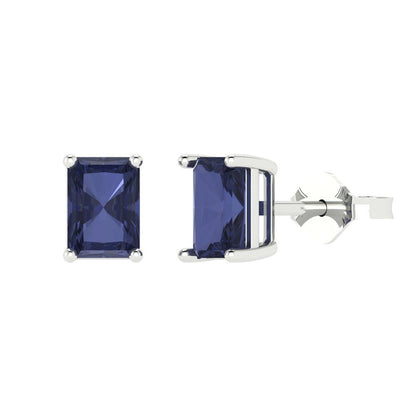 1 ctw Blue Sapphire Studs Earrings | 6x4mm Emerald Cut White Gold Push back | September Birthstone