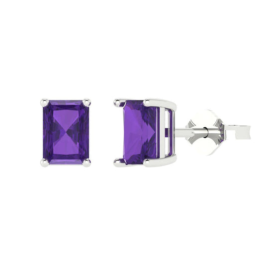 1cttw Emerald Cut Natural Amethyst Gold-Plated 925 Silver Push Back Stud Earrings