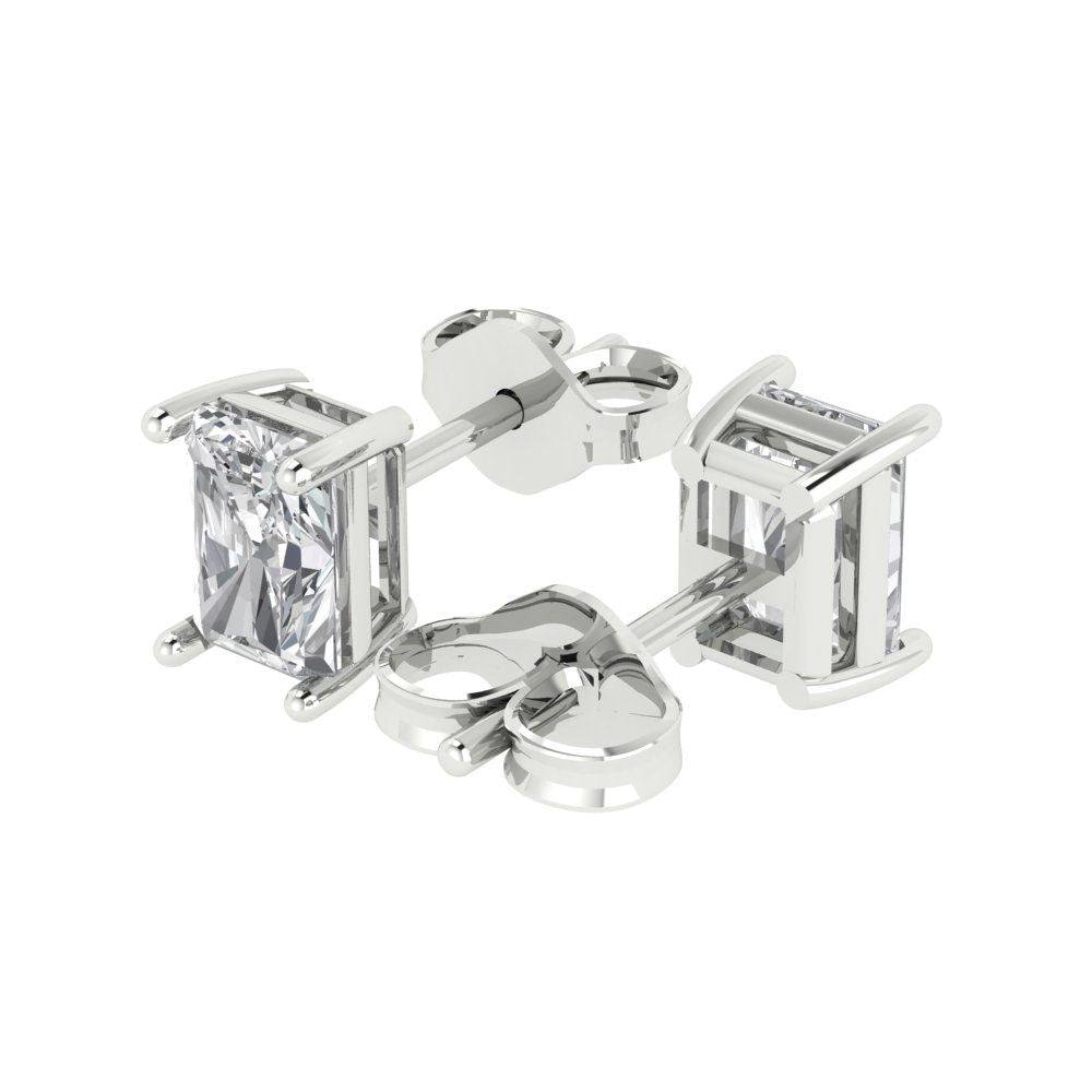 1 ctw White Sapphire Studs Earrings | 6x4mm Emerald Cut White Gold Push back | April Birthstone