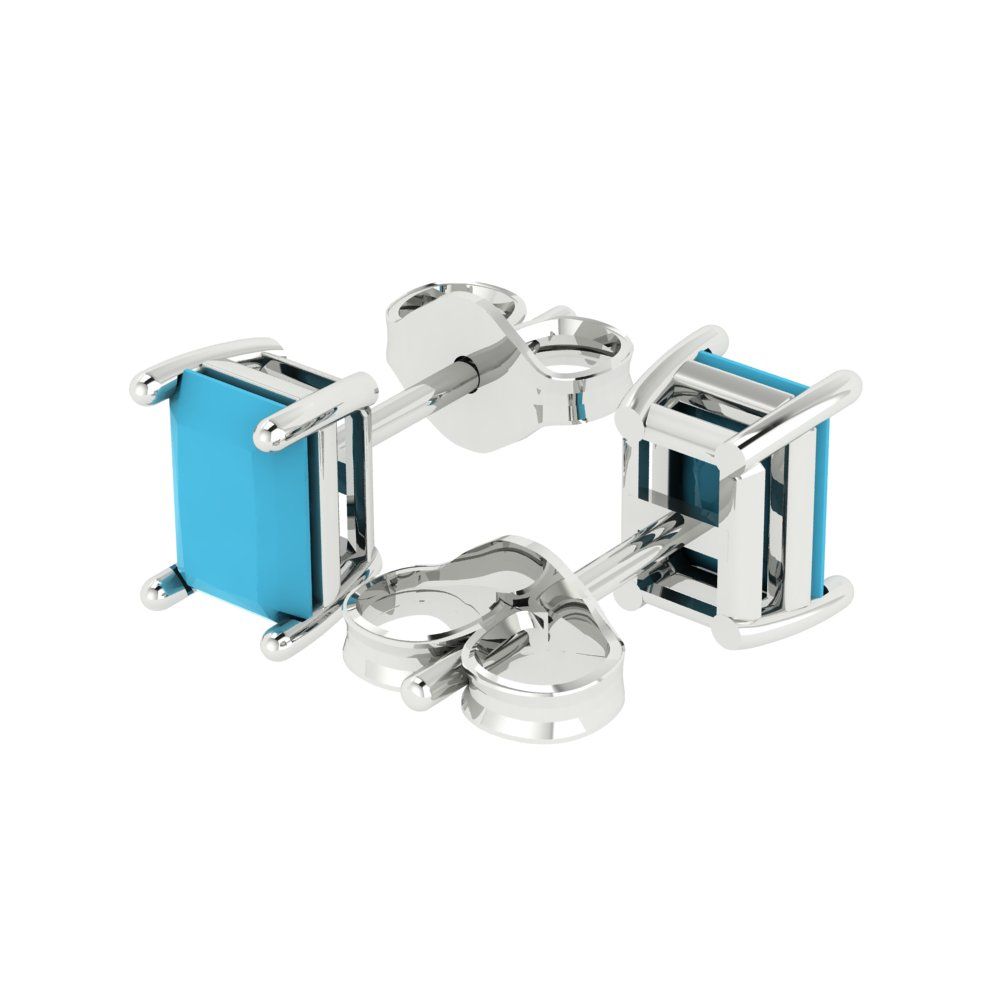 1 ctw Turquoise Studs Earrings | 6x4mm Emerald Cut White Gold Push back | December Birthstone