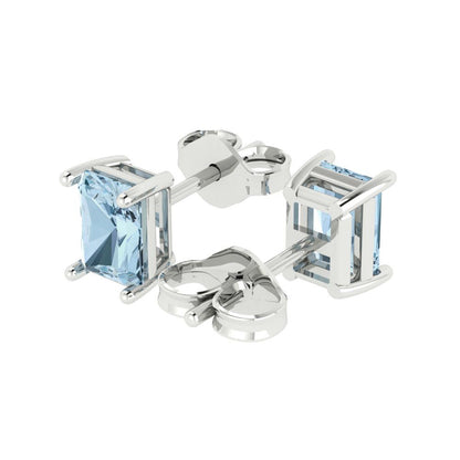 1 ctw Aquamarine Studs Earrings | 6x4mm Emerald Cut White Gold Push back | March Birthstone