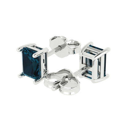 1 ctw London Blue Topaz Studs Earrings | 6x4mm Emerald Cut White Gold Push back | December Birthstone