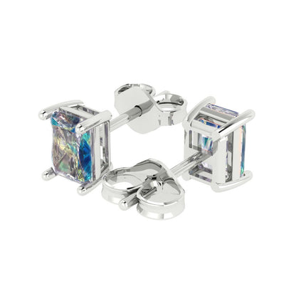 1 ctw Blue Moissanite Studs Earrings | 6x4mm Emerald Cut White Gold Push back | April Birthstone