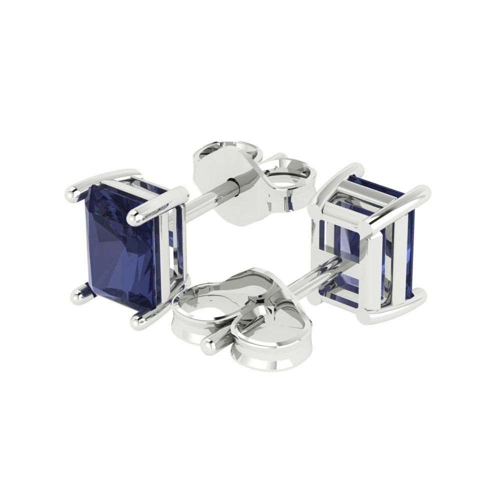 1 ctw Blue Sapphire Studs Earrings | 6x4mm Emerald Cut White Gold Push back | September Birthstone