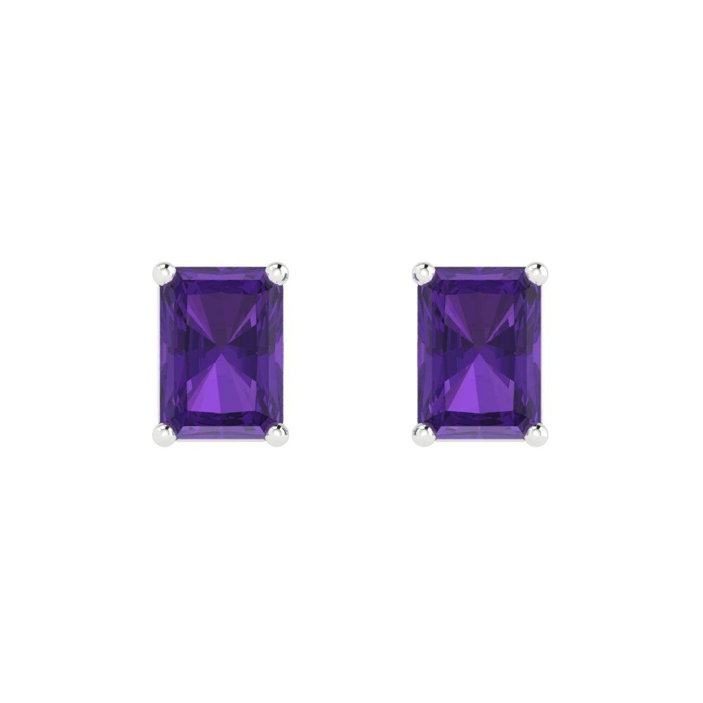 1 ctw Amethyst Studs Earrings | 6x4mm Emerald Cut White Gold Push back | February Birthstone