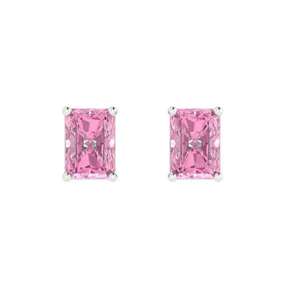 1 ctw Pink Zirconia Studs Earrings | 6x4mm Emerald Cut White Gold Push back | April Birthstone